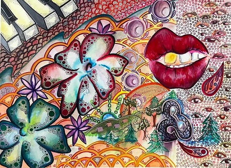The first image, shows a painting of a tuba filled with magnolia blooms and surrounded by fish. The next image shows Abigail Richardson giving off a beautiful smile as her red hair swoops across her arms. The final image is another of Abigail's paintings, a collage of images showing keys, a campground, and various florals amid swirling designs.