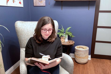 A headshot of the author smiling broadly, the author resting her chin on a journal and smiling, and the author writing in a notebook