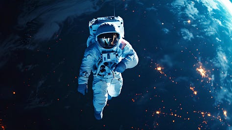 Astronaut floating near a massive space station, Earth's curvature in the background, vivid Earth glow, complex equipment detail, outer space depth, photorealistic, sci-fi blockbuster style