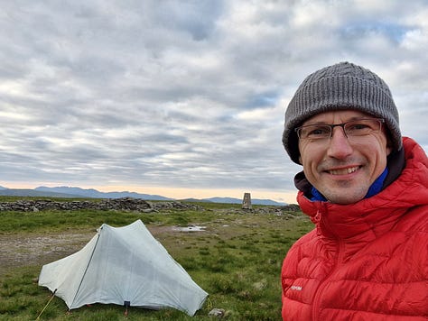 A selection of camping images on the summit of High Street including tent and sunset