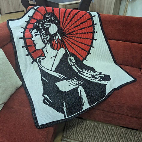 Overlay Mosaic Crochet patterns by Gaëlle of JusteUnPetitPoint: Be Mine wall hanging, Change the Game wallhanging, Geisha throw, Sevilla Tiles rug, Summer Night wallhanging.