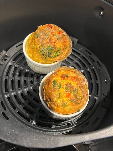 A gallery of air fryer creations including falafel, empanadas, shrimp po' boys and egg souffle.