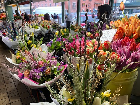 Pikes Market, fish, flowers, pig, and Puget Sound