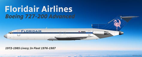 A selection of historic Floridair passenger aircraft: 1) Douglas DC-8-53; 2) Douglas DC-8-73; 3) Boeing 707-320B; 4) Boeing 727-100; 5) Boeing 727-200; 6) Boeing 737-800; 7) Boeing 737-900ER; 8) Boeing 757-200; and 9) Boeing 767-300ER - all shown in side view.