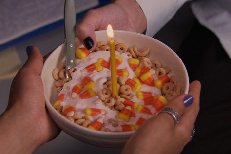 Shots from Twitches, starring Tia and Tamara Mowery, including the candy corn cereal with strawberry yogurt