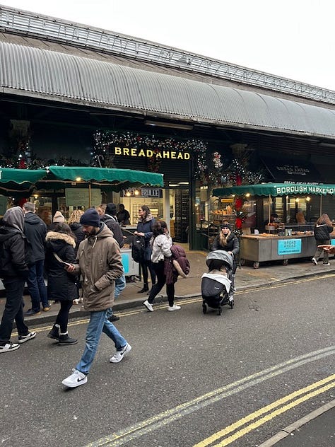 The first image is of a copy of the Mince Pies book, with a picture of the Bread Ahead bakery in Borough Market in south London. The middle picture is of a mince pie bought at the bakery