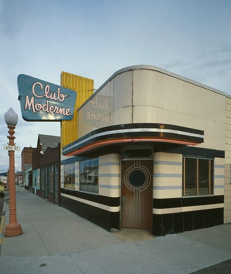 an Electrolux vacuum cleaner, the Club moderne restaurant in Montana, and the Union Pacific Train Station in Las Vegas, Nevada