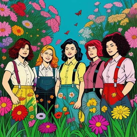 Cartoon, bold coloured drawn images of femmes in varying types of suspenders - mostly aprons and lederhosen like garments amidst bright backgrounds and flowers.