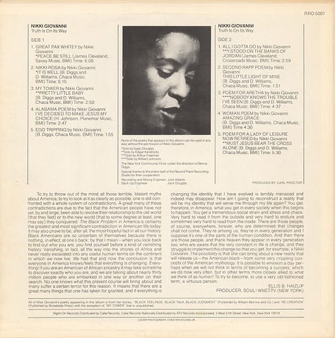 Nikki Giovanni, Truth Is On Its Way, The New York Community Choir under the direction of Benny Diggs, (Vinyl/LP), RRO 5001, Right-On Records, 1971