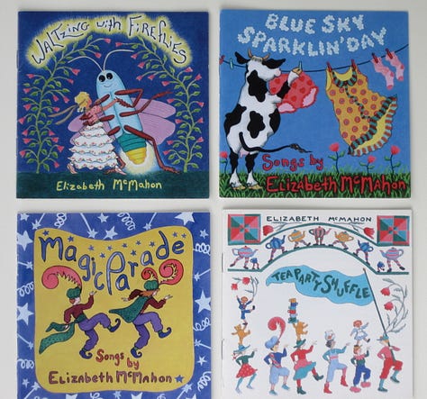 Images of the artist and her paintings in the 1980 and in 2024, covers to the children's albums, and two abstract collages.