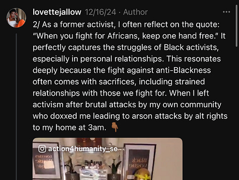 A visual thread by Lovette Jallow exploring why many Black activists, including Nikki Giovanni, have chosen non-Black partners for emotional survival. The thread discusses the unseen burdens of activism, internal community harm, Nikki Giovanni’s conversation with James Baldwin, and the ongoing pursuit of Black love rooted in healing. The final image honors Nikki Giovanni and her partner, celebrating survival, love, and resistance.