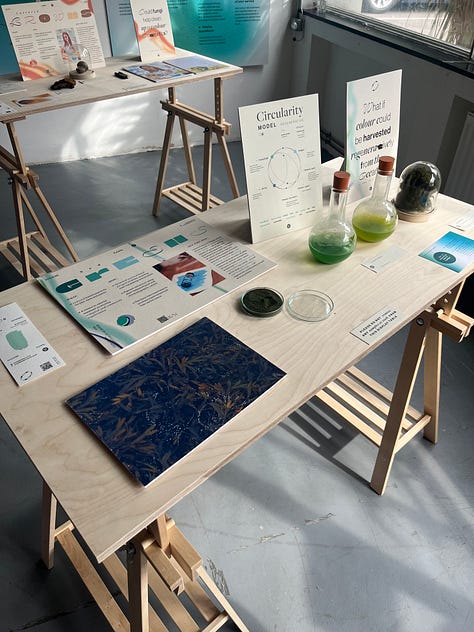 Main exhibition space at Switchboard Studios showing the "colour tables". In shot are 'blues', 'pinks' and 'greens'.