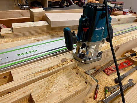 Routing a mortise for the sliding deadman, shown in the second photo. Third image shows three boards being glued together into a larger panel.