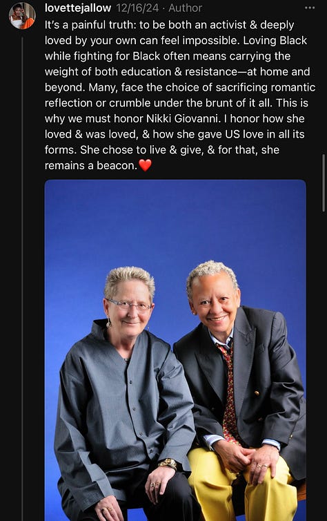 A visual thread by Lovette Jallow exploring why many Black activists, including Nikki Giovanni, have chosen non-Black partners for emotional survival. The thread discusses the unseen burdens of activism, internal community harm, Nikki Giovanni’s conversation with James Baldwin, and the ongoing pursuit of Black love rooted in healing. The final image honors Nikki Giovanni and her partner, celebrating survival, love, and resistance.