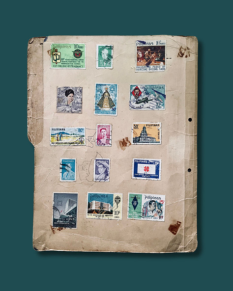 Photograph of the front and back of Stella's Grave IV Stamp Collection. Vintage stamps from early to mid-70s in the Philippines.A Xerox copy of a musical piece titled "Energy" by Bela Bartok is affixed on the opposite side from the stamps.