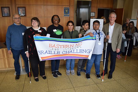 Photographs from the 2023 Eastern North Carolina Regional Braille Challenge. The nine photos are of the student competitors, volunteers and activities of the day. 