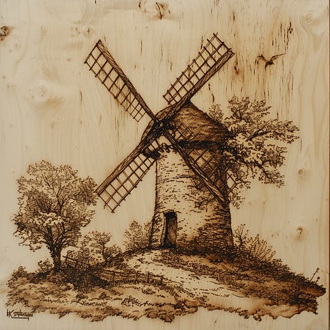 Pyrographs of a Windmill, dinosaur, lighthouse in Midjourney
