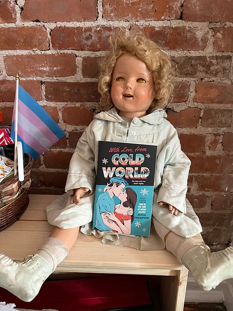 Three images of a haunted doll named Luci, one holding up LOVE IN THE TIME OF SERIAL KILLERS and a knife, one holding up WITH LOVE, FROM COLD WORLD, and one holding up THE ART OF CATCHING FEELINGS