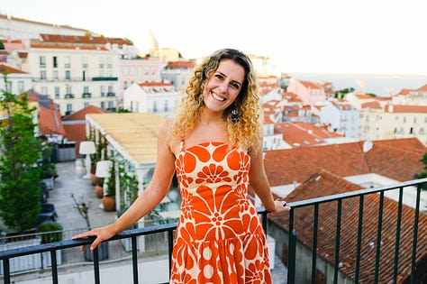 Photos of blue and white tiles, orange rooftops, and cathedral cloisters in Portugal, with a young white man and woman in frame