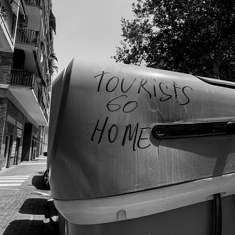 Image 1: "Tourists no go to my home" Image 2: "Tourism is killing the..." Image 3: "Tourists go home"