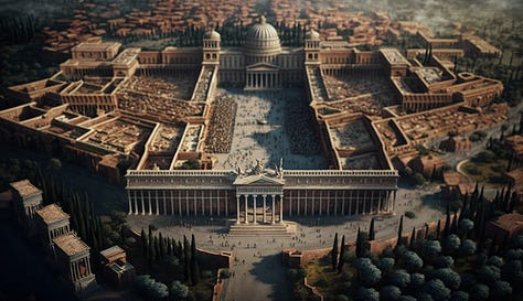 Midjourney prompt: all roads lead to rome during roman empire era triumphant insanely detailed