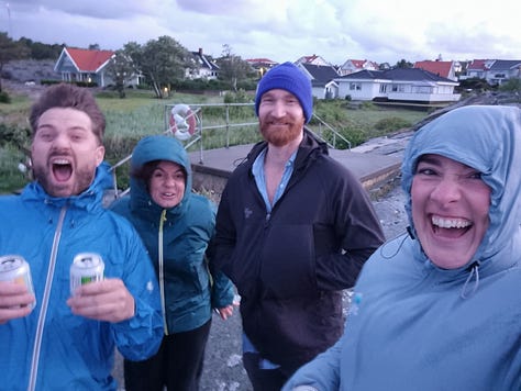 Photo 1: five men in boardshorts about to jump off a pier. Photo 2: a twilight photo of Donso harbour. Photo 3: Louis, Lauren, Dave and Aisling in jackets looking wind blown.