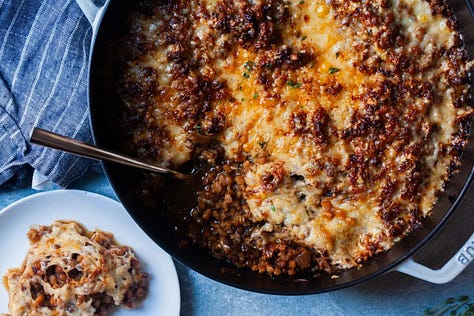 photos of french onion baked lentils and farro, ultimate banana bread, and perfect blueberry muffins