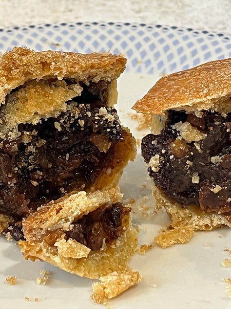 The first image is of a copy of the Mince Pies book, with a picture of the Bread Ahead bakery in Borough Market in south London. The middle picture is of a mince pie bought at the bakery