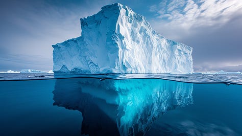 Split-level shot of iceberg, revealing massive underwater structure beneath surface