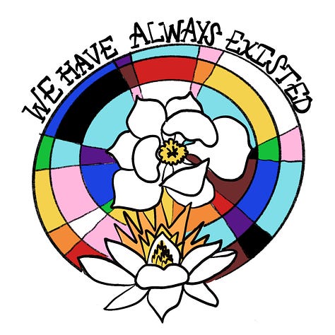 A 10 foot collaborative philly pride flag collage, a "we have always existed" sticker featuring a circular stained glass rainbow and magnolia flower, and two banners with colors of the trans flag reading "we have always existed" and "we will always exist".