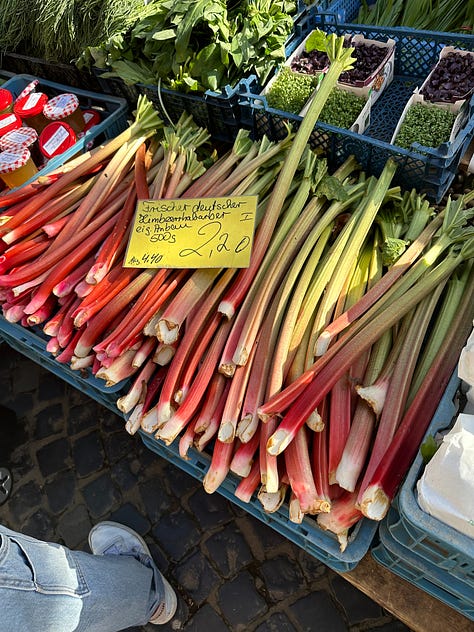 Rhubarb from Mick Klug Farm (in my kitchen), at the Mainz market, and at a market in Mannheim.