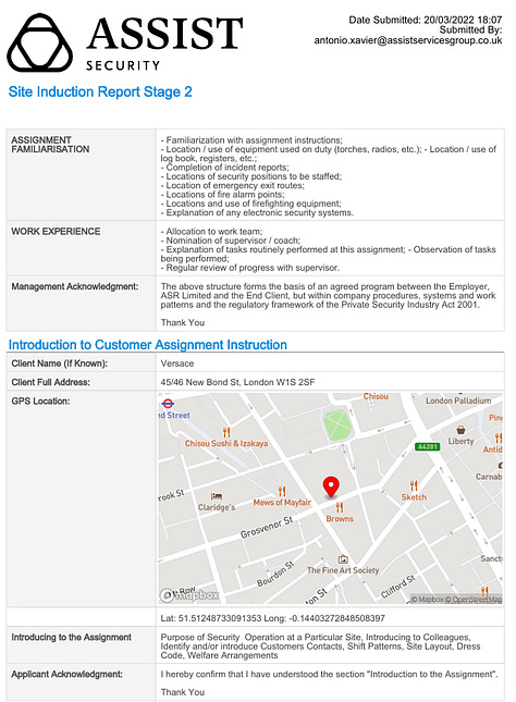 The images show redacted examples of a Assist Security guard application and a site induction report for a Versace store in London.