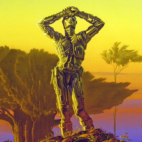 LEFT: Detail from GISKARD featuring a robot with hip cocked and hands clasped over its forehead as if shielding its eyes. Behind it a massive alien tree echoes the outward flare of its elbows. The trunk is massive. Smaller trees on narrow trunks climb high with the leaf cover shifted right possibly from the wind. The hills in the background are rendered in waves of purple. To the left of the tree are signs of buildings on the ridge line in the distance set off by points of light that represent windows. CENTER: Detail from GISKARD featuring the robot in a human pose with hip slightly cocked left and hands clasped over its forehead, simultaneously evoking a burden of thought and shielding its eyes from the light of the sun. The robot is made of a combination of mechanics and silver leathery fabric. It isn't all plates of steel. RIGHT: Close detail from GISKARD featuring the face of Elijah Bailey in the mound of dirt at the robots feet. He's an older man looking ponderous as he rubs his chin. Leaves frame the earthy image. To the lower left berries grow.