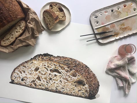 A large painting of a single croisssant followed by a loaf of bread cut in half with lots of gluteny holes, and then a cut panettone with a piece sitting to the right of it and lots of crumbs and raisins spilling out 