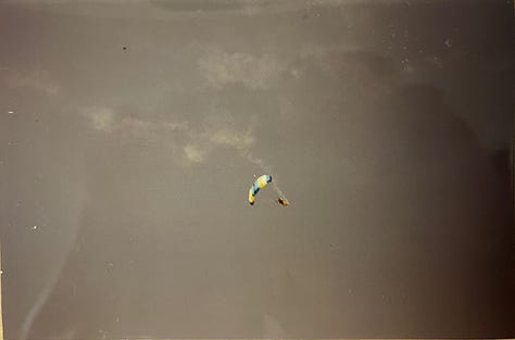 A selection of photographs from Alyssa Buecker, featuring a newspaper cut-out, Skydivers, and the Sneak Peek of Pokémon VHS