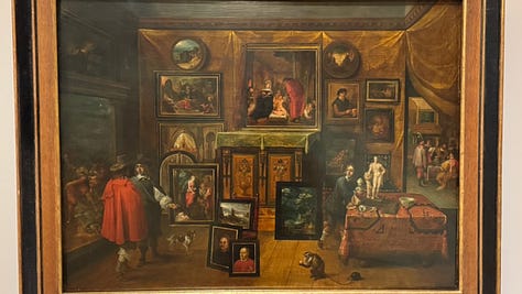 Frans Francken the Younger (1581-1642) and David Teniers the Younger (1610-1690) The Interior of a Picture Gallery Around 1640 Oil paint on wood Depictions of picture galleries were common in the 17th century. Wealthy merchants, bankers and artists assembled impressive collections, which were no longer the sole privilege of aristocrats. This representation is unusual for the scene on the left featuring men wearing donkey heads and destroying works of art. This symbolises ignorance, in contrast to the enlightenment offered by the appreciation of art in picture galleries. Left unfinished by the Antwerp-based painter Frans Francken, it was completed by David Teniers, who added the three figures and three canvases in the foreground.