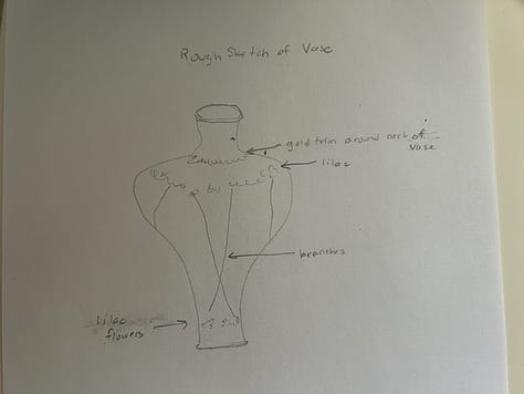broken pieces of a porcelain vase, and a sketch of what the vase should look like when restored