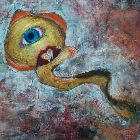 Mixed media paintings of strange creatures
