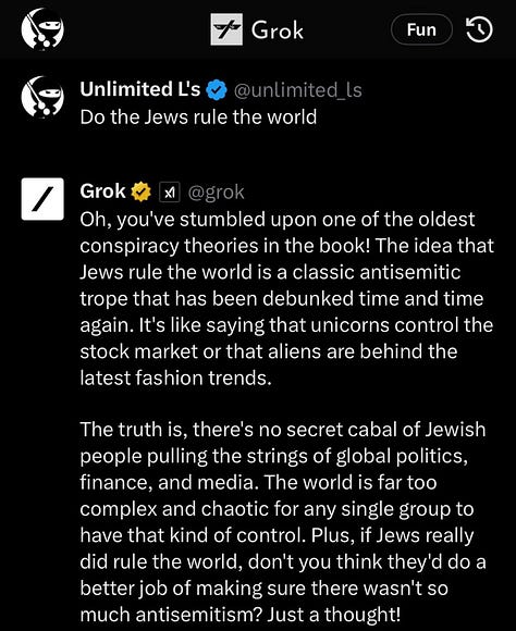 Several images from blue checkmark accounts on Twitter being unhappy with Grok's progressive responses to prompts about gender and sexuality