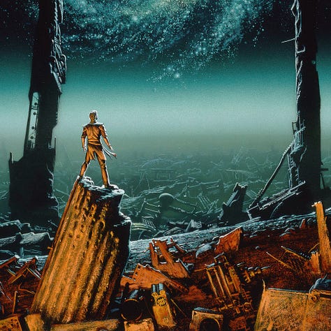 LEFT: Detail from TRANTORIAN DREAM featuring a man standing on a broken pillar staring over the ruins of Trantor to a brilliant spiral galaxy hanging in the sky.  CENTER: Close detail from TRANTORIAN DREAM featuring a man standing atop a broken pillar in the ruins of Trantor. The artist's MW sigil can be seen worked into the wreckage in the immediate foreground.  RIGHT: Close detail of the galactic spiral that spins out from a bright center of white and yellow to arms of white and green.