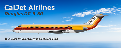 A selection of former CalJet aircraft in pre-current liveries, including 1) Douglas DC-3), 2) Douglas DC-6, 3) Lockheed L-1049 Super Constellation, 4) Boeing 707-320B, Boeing 727-200 Advanced, Douglas DC-9-30, Boeing 757-200, Fokker 70, and Fokker 100 - all shown in side view.