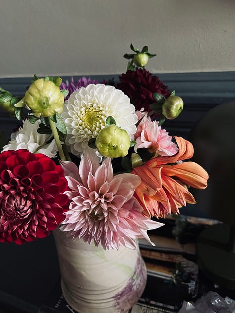 Autumn blooms — kaleidoscopic leaves, soft pink Japanese anenomes, jugs of dahlias.