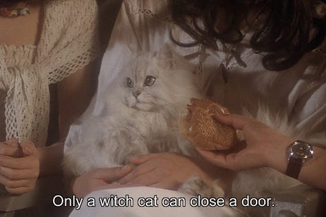 Shots from House (Hausu, 1977), including a witch cat eating a hamburger and watermelon