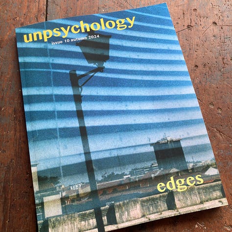 The images show pages from the print edition of Unpsychology Magazine's 10th issue, EDGES. They include the front and back cover and various illustrated pages from the publication