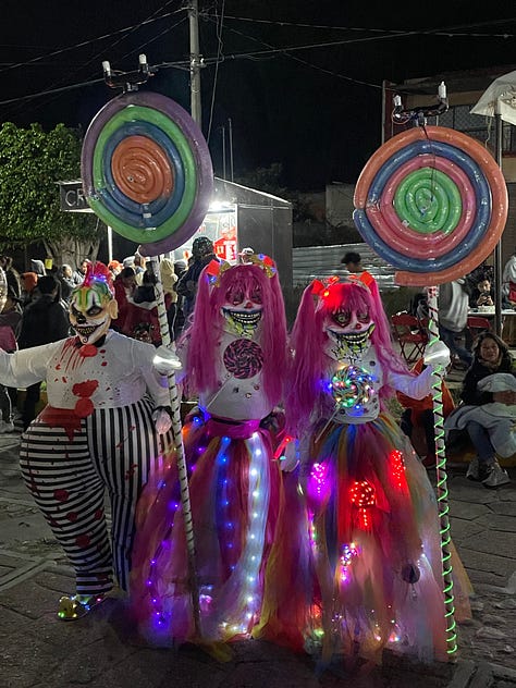 Three images showing people dressed in elaborate costumes at a Día de Muertos celebration.