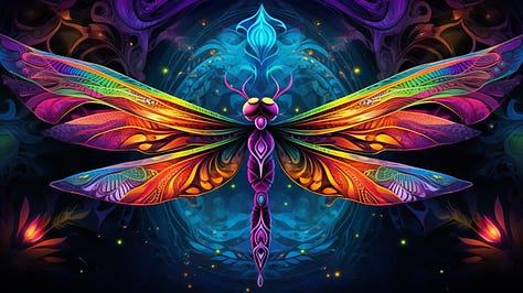 Colorful, psychedelic wolf, photo of a man in deep space, psychedelic dragonfly