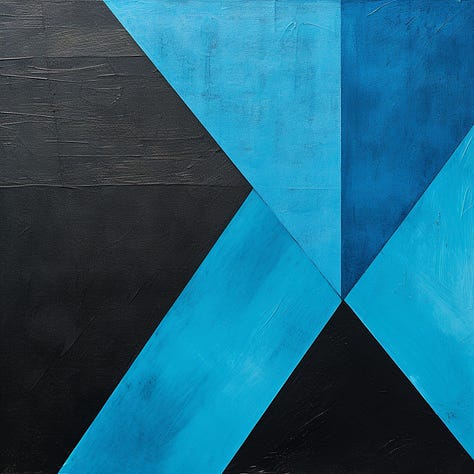 Color field painting, green and blue / blue and black triangle / teal and orange