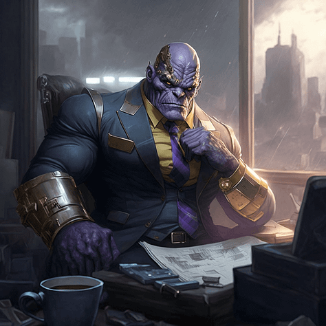 MJ prompt: Harry potter as a Marvel villain. Pac-Man as a giant monster. Thanos as a businessman.
