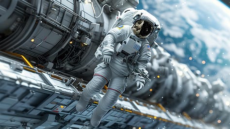 Astronaut floating near a massive space station, Earth's curvature in the background, vivid Earth glow, complex equipment detail, outer space depth, photorealistic, sci-fi blockbuster style