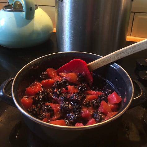 Apples and blackberries cooking in a pan, podded broad beans in a white bowl, a hand holding small tomatoes and a green chilli